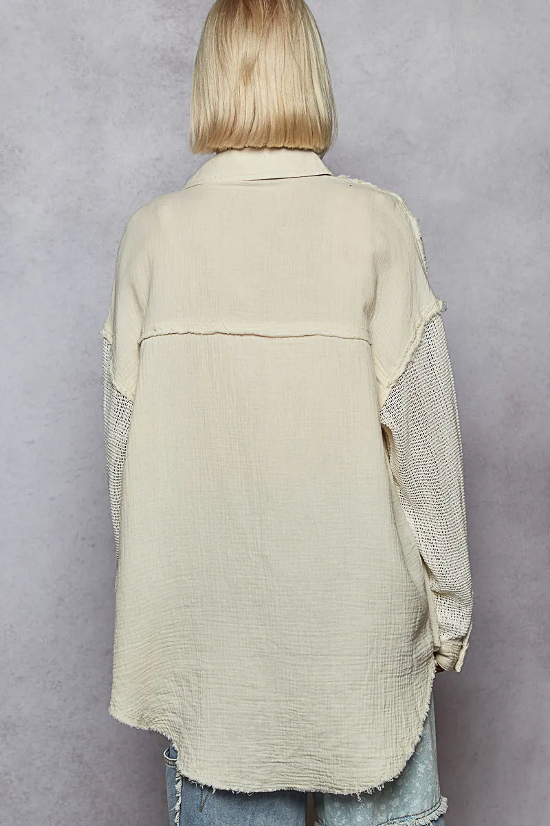 Crochet Sleeve Floral Patch Shirt with Exposed Seams