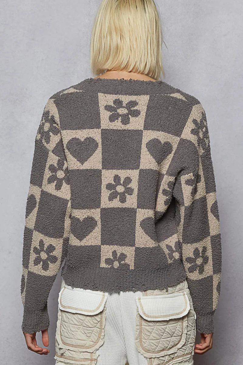 V-Neck Heart Paw Print Checkerboard Sweater
