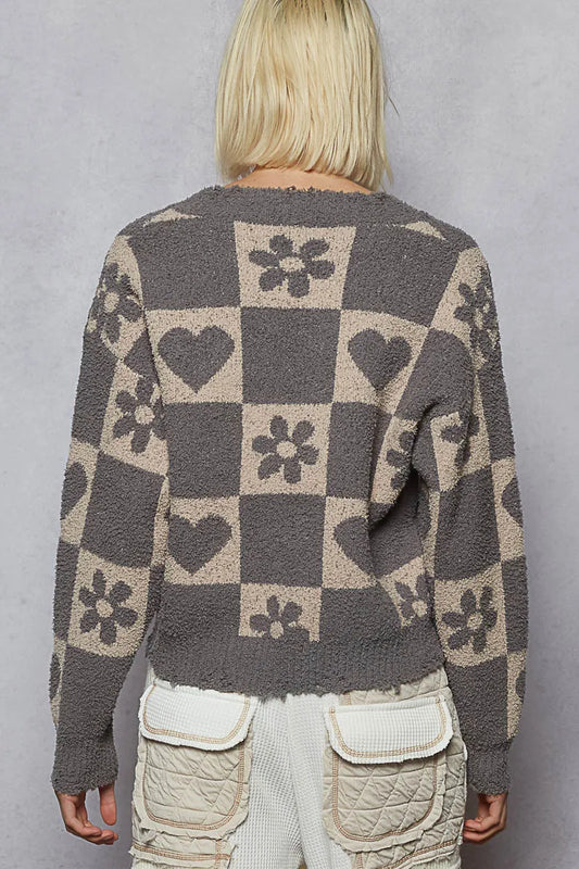 V-Neck Heart Paw Print Checkerboard Sweater