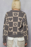 V-Neck Heart Paw Print Checkerboard Sweater
