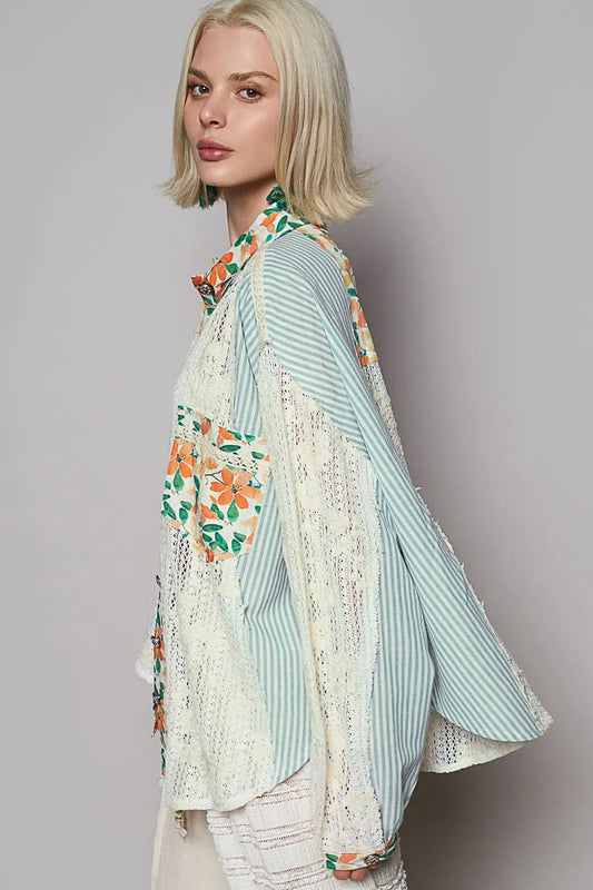 Floral-Striped Oversized Blouse with Lace Sleeves