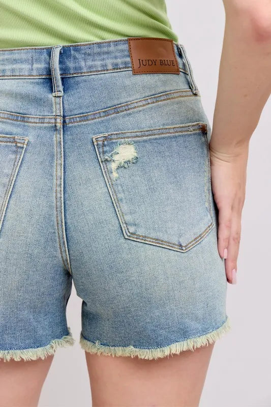 High Rise Washed Fly Stitch Detail and Destroy Denim Shorts