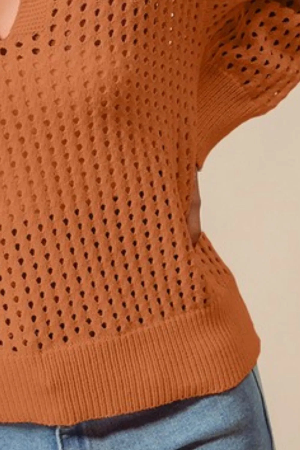 Open Knit Polo Sweater Top