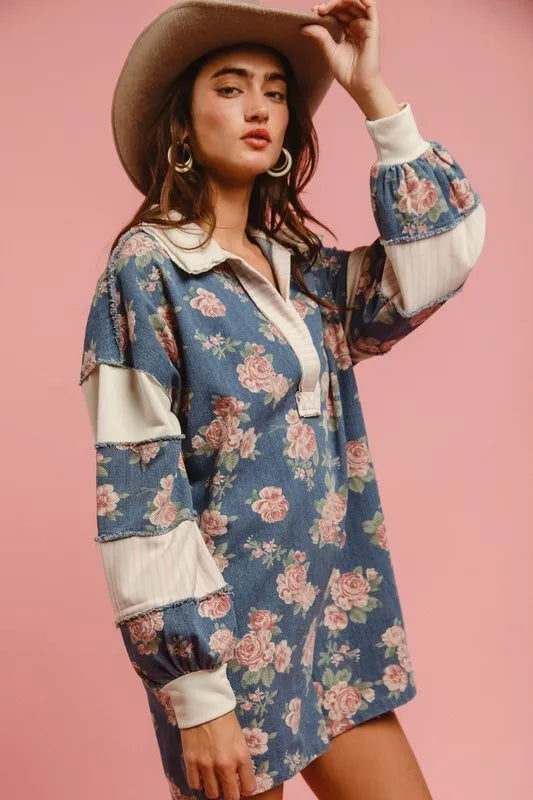 Washed Floral Denim Romper With Contrast Collar
