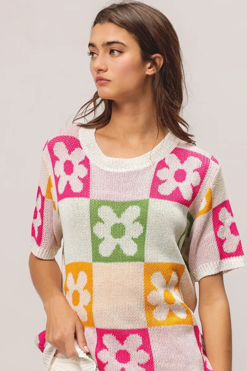 Floral Block Pattern Lightweight Knit Pullover