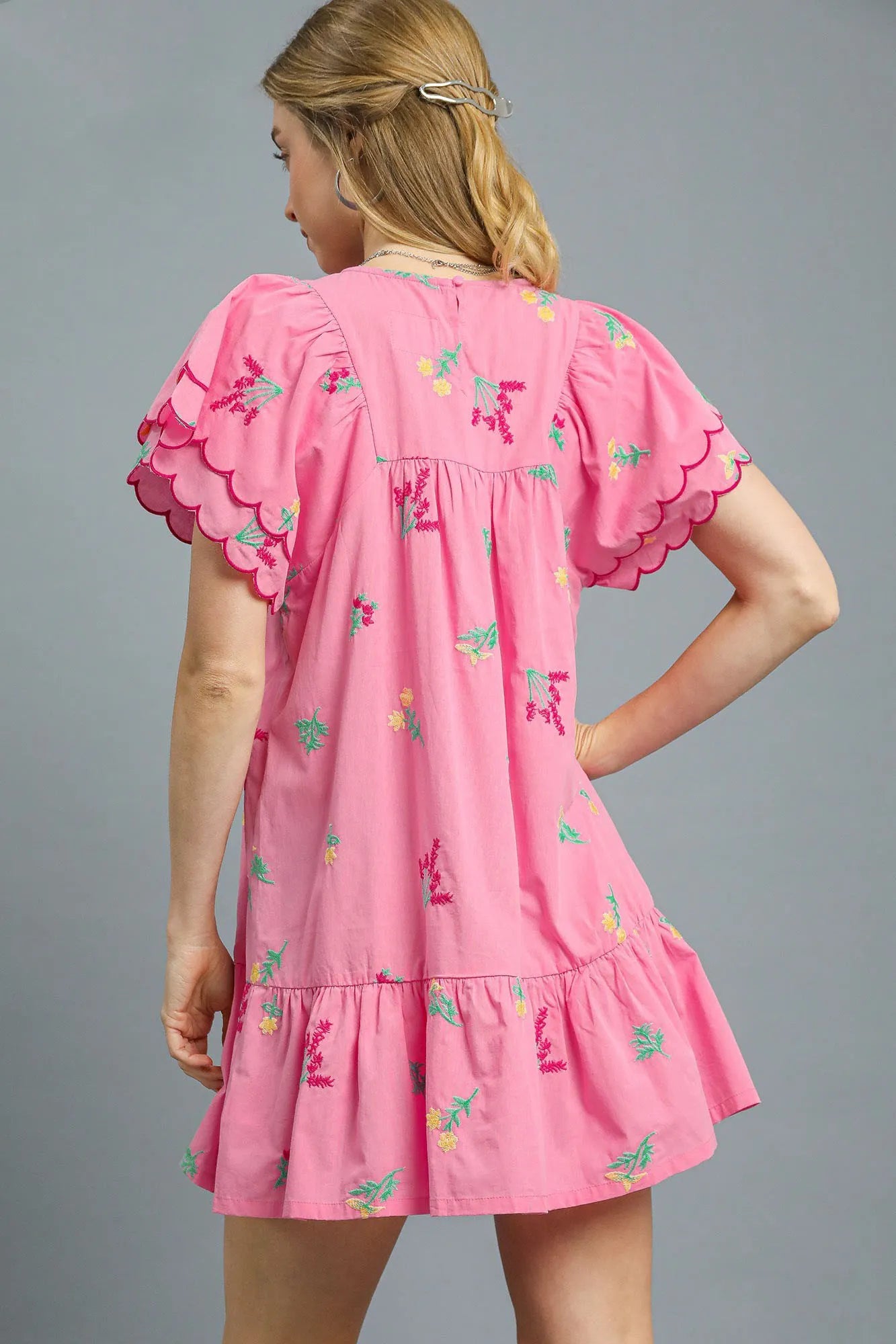 Tropical Embroidered Flutter Sleeve Mini Dress