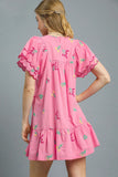 Tropical Embroidered Flutter Sleeve Mini Dress