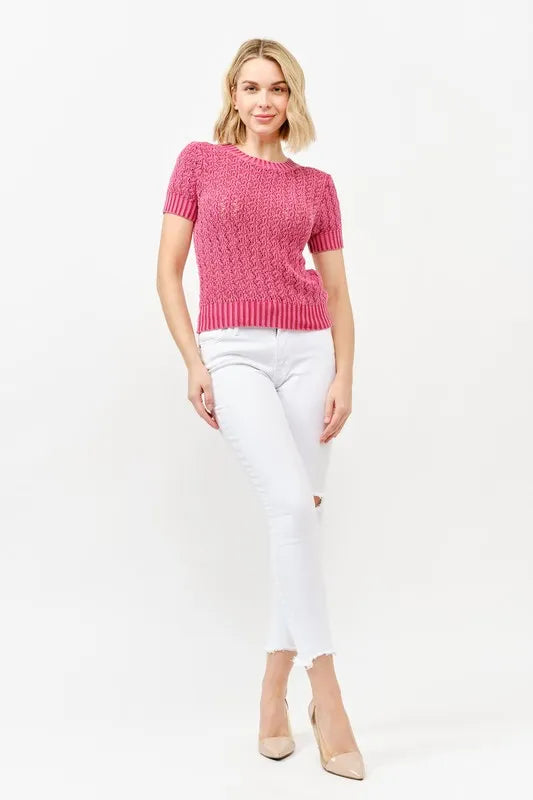 Washed Short Sleeve Light Weight Sweater