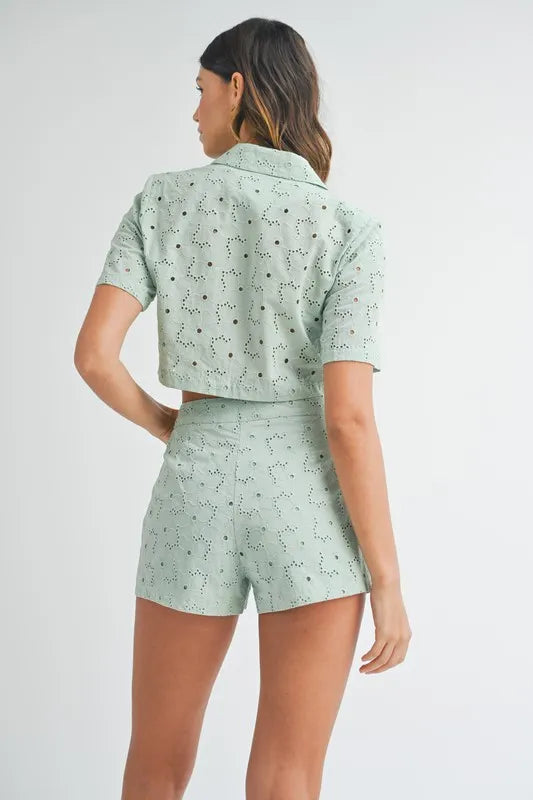 Eyelet Short Sleeve Crop Top and Shorts Set