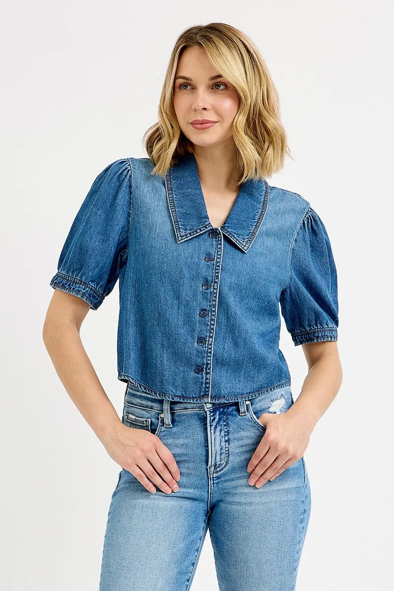 Puff Sleeve Cropped Denim Button-Up Shirt
