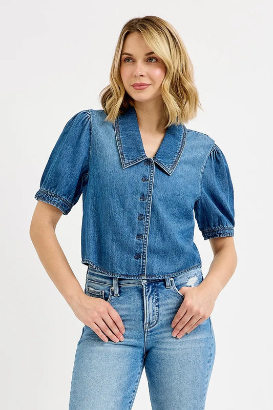 Puff Sleeve Cropped Denim Button-Up Shirt