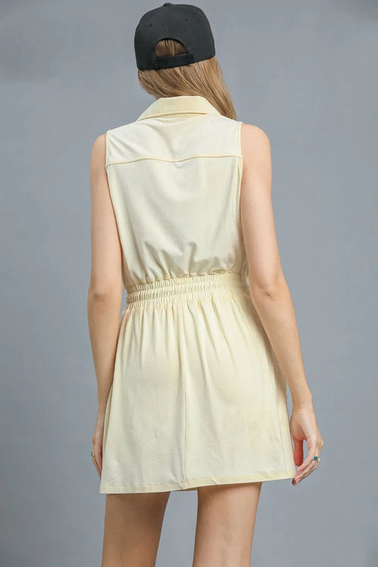 Button-Front Sleeveless Dress with Drawstring Waist