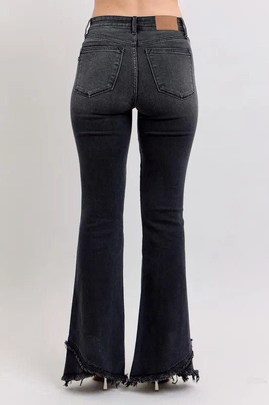 Full Size High Waist Flare W/ Mock Fray Tulip Hem Plus Size