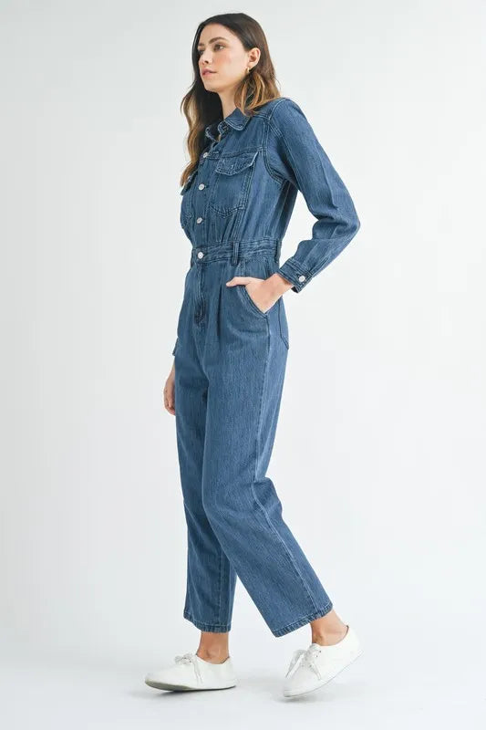 Cinched Waist Straight Leg Denim Jumpsuit