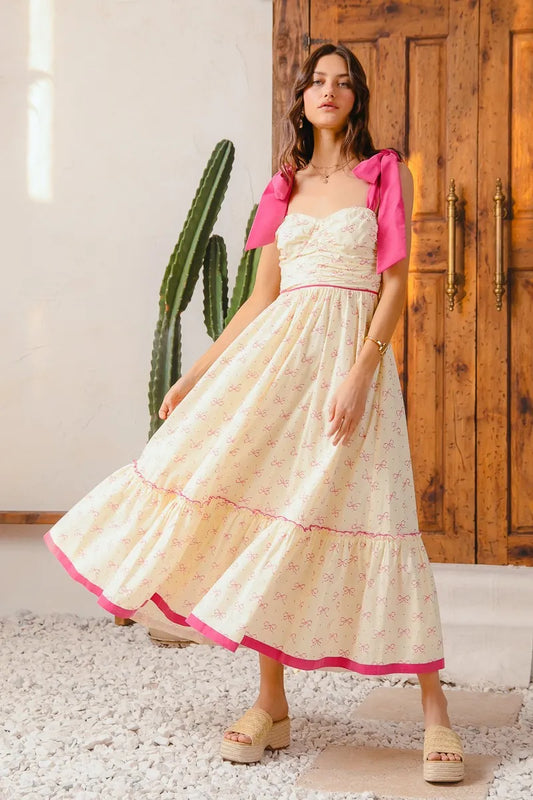 Bohemian Flowy Maxi Dress with Pink Contrast Trim