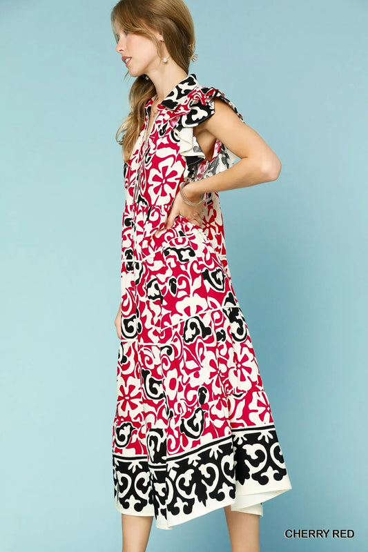 Bohemian Floral Ruffle Sleeve Midi Dress