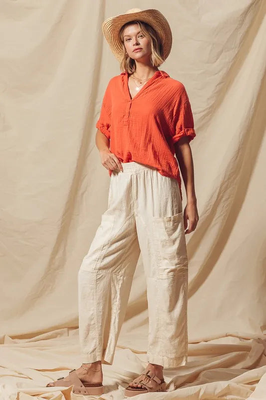 Cotton Linen Textured Woven Slouchy Wide Leg Pants
