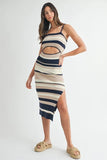 Multi Color Striped Front Cutout Knit Midi Dress