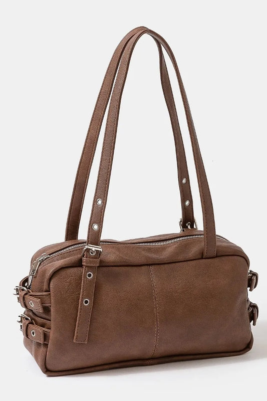 Rustic Buckle Strap Rectangular Leather Shoulder Handbag