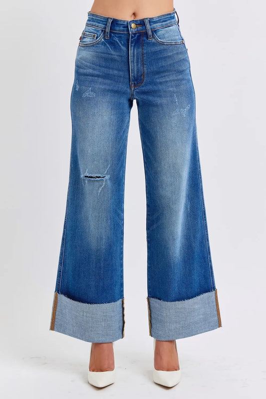 High Waist Wide Leg Jeans with Edgy Distressing