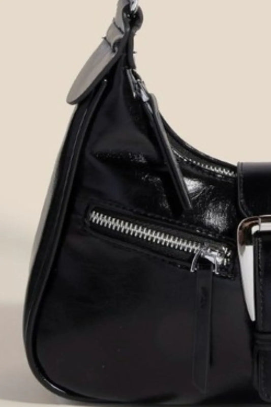 Glossy Buckle Double Zipper Shoulder Bag