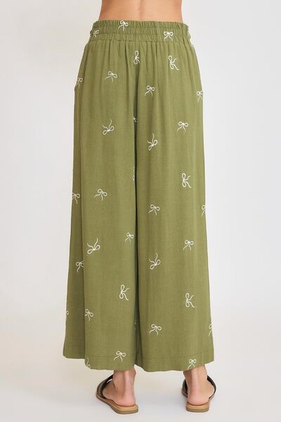 Full Size Lace Drawstring Embroidered Bow Wide Leg Pants Plus Size