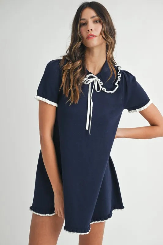 Ruffle Trimmed Collar Fine Knit Mini Dress