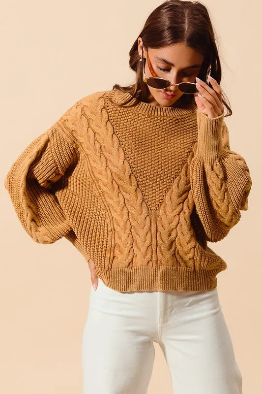 Mineral Washed Loose Fit Textured Cable Sweater