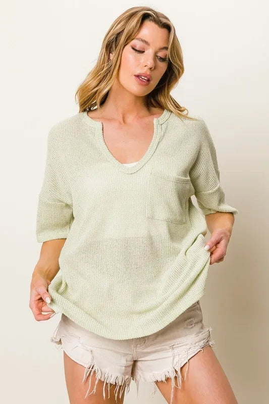 Boucle Sweater Knit Short Sleeve Henley Top