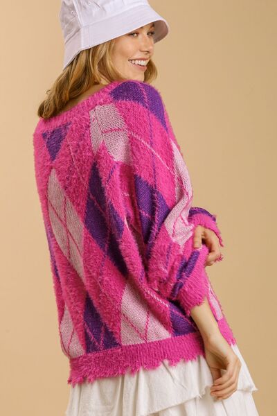 Full Size Argyle Pattern V-Neck Button Front Cardigan Plus Size