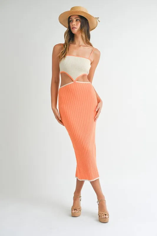 Ribbed Knit Color Block Cutout Midi Dress