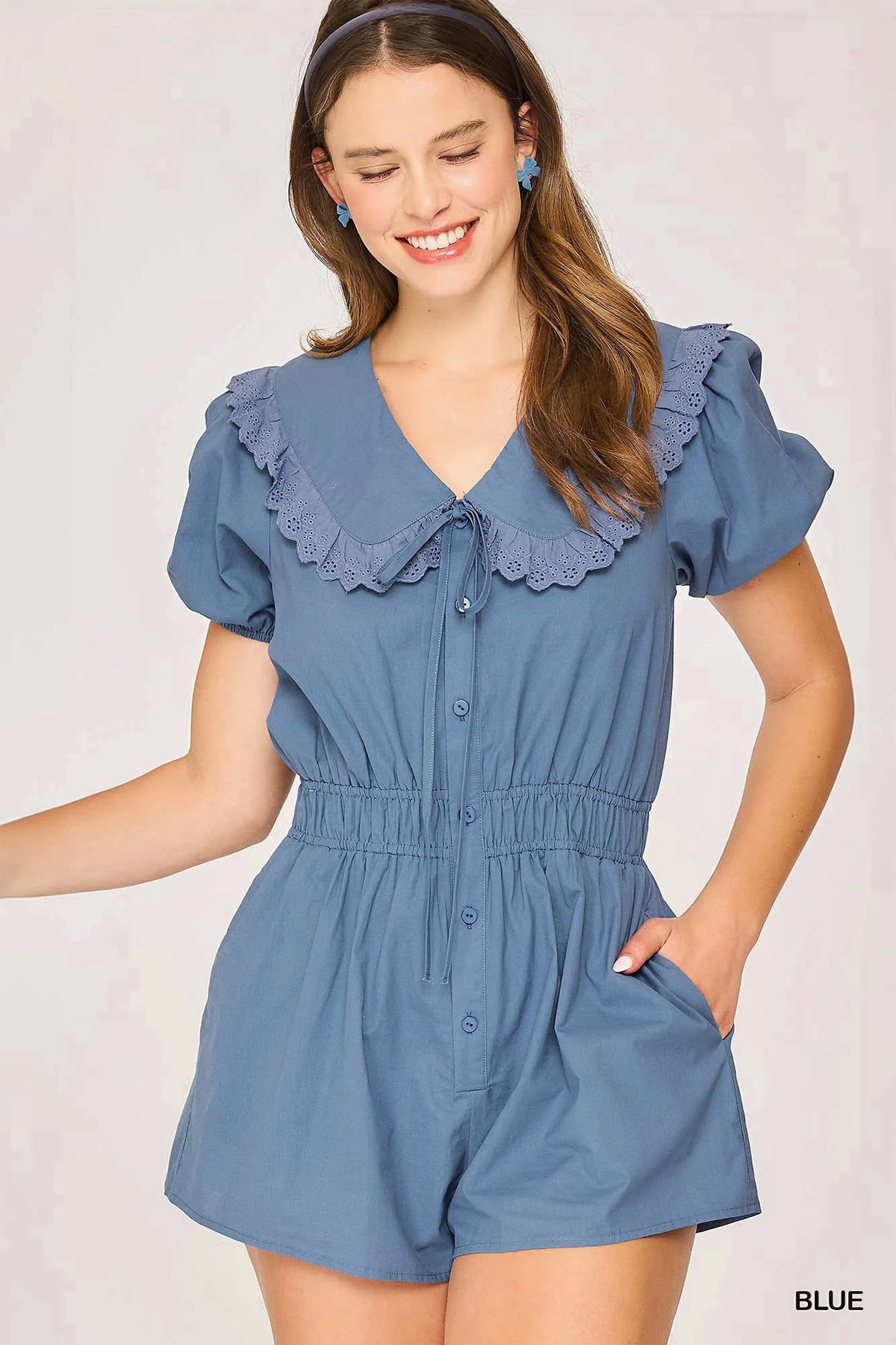 Collared Button-Front Short Sleeve Romper