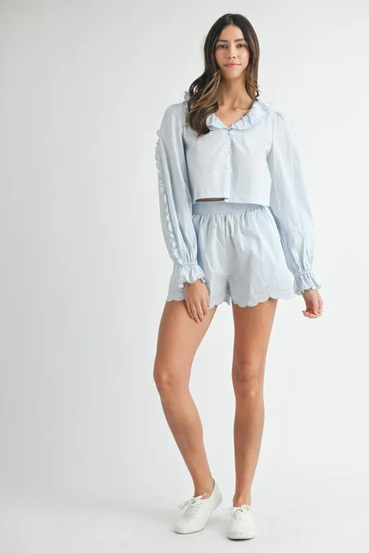 Long Sleeve Scallop Blouse and Shorts Set