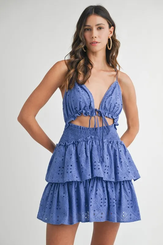 Lace Eyelet Ruffle Mini Dress With Front Cutout