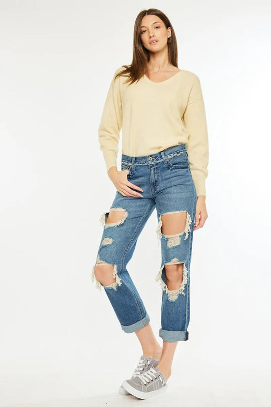Edgy Mid Rise Relaxed Boyfriend Jeans