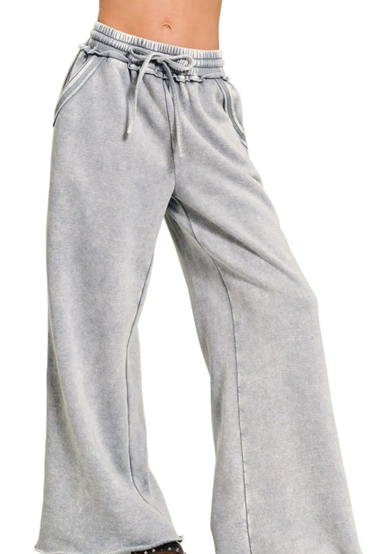 Acid Wash Fleece Palazzo Sweatpants with Pockets