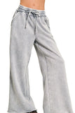 Acid Wash Fleece Palazzo Sweatpants with Pockets