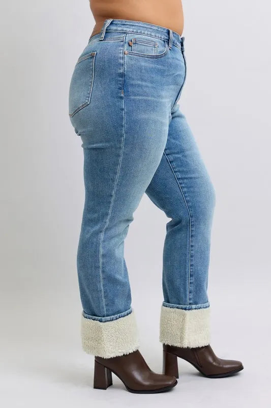 Full Size High Waist Shearling Cuff Straight Plus Size