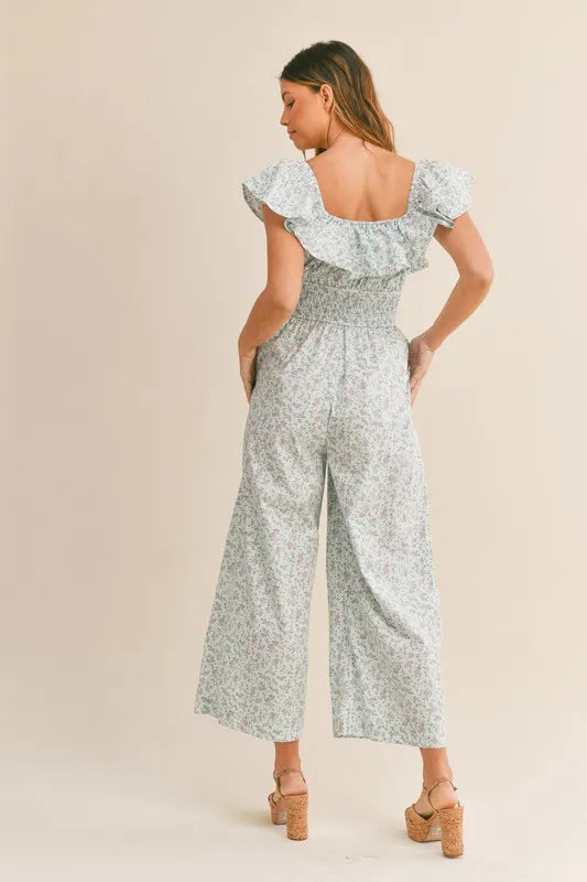 Floral Print Ruffled Cap Sleeve Jumpsuit
