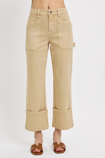 Full Size High Rise Wide Straight Cuffed Patch Jeans Plus Size