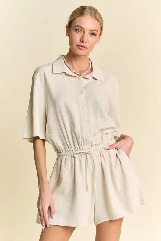 Drawstring Waist Button-Down Shirt Romper