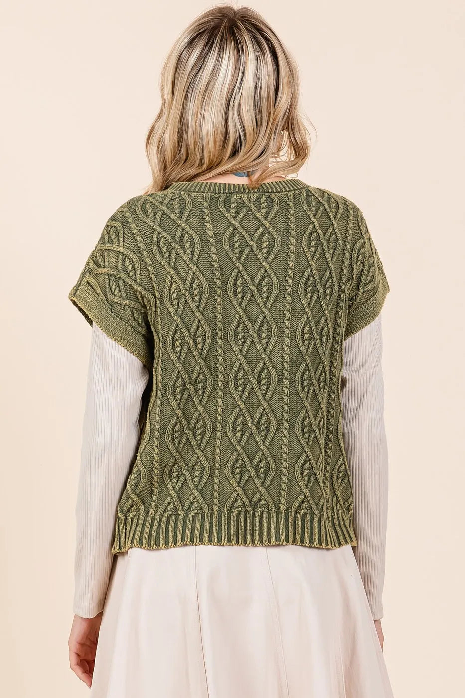 Mineral Wash Cap Sleeve Cable Knit Sweater Top