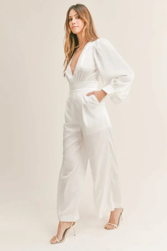 Long Sleeve Deep V Neck Satin Jumpsuit