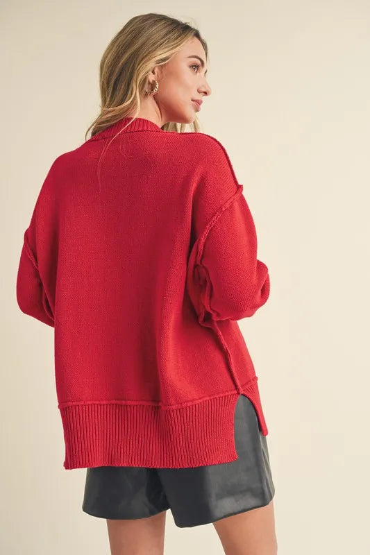 Ribbed Hem Side Slit Round Neck Sweater
