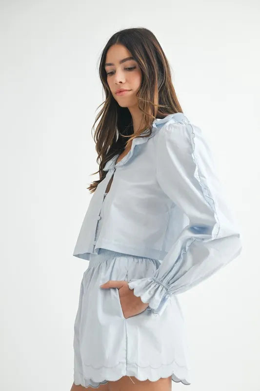 Long Sleeve Scallop Blouse and Shorts Set