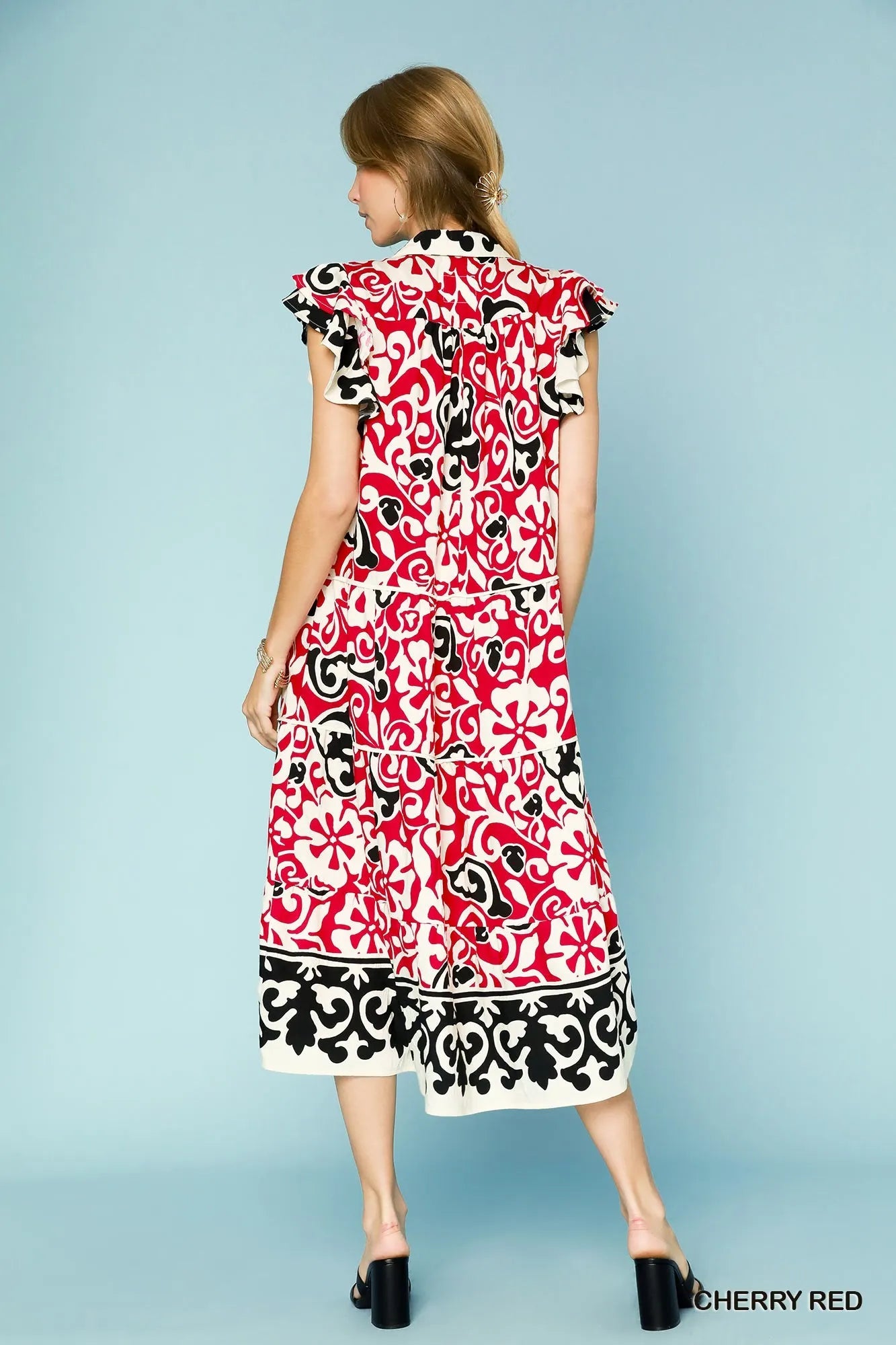 Bohemian Floral Ruffle Sleeve Midi Dress