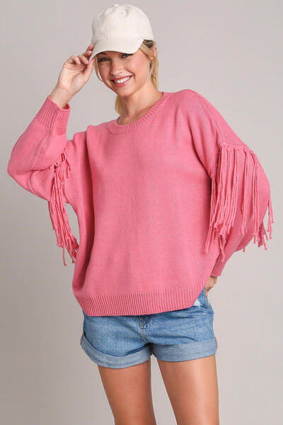 Full Size Fringe Round Neck Long Sleeve Sweater Plus Size