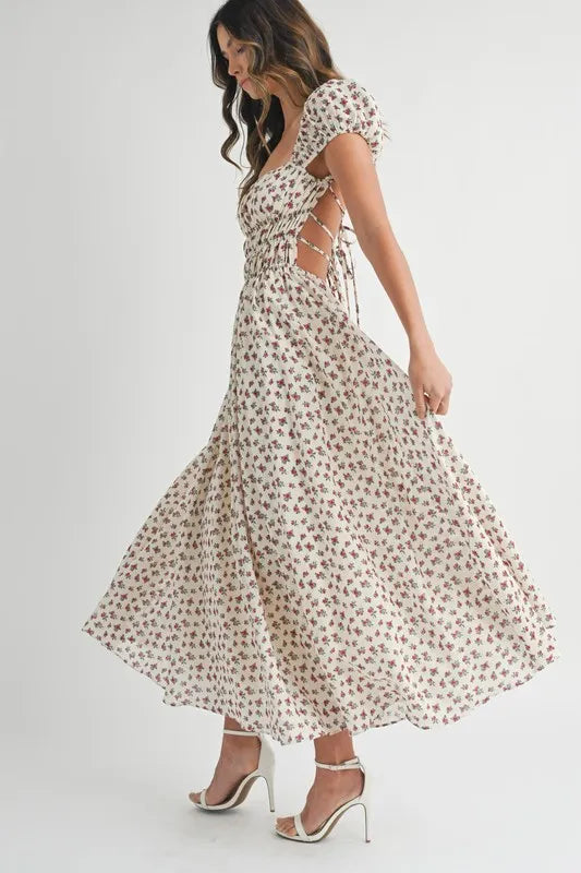 Floral Print Puff Sleeve Gathered Midi Dress