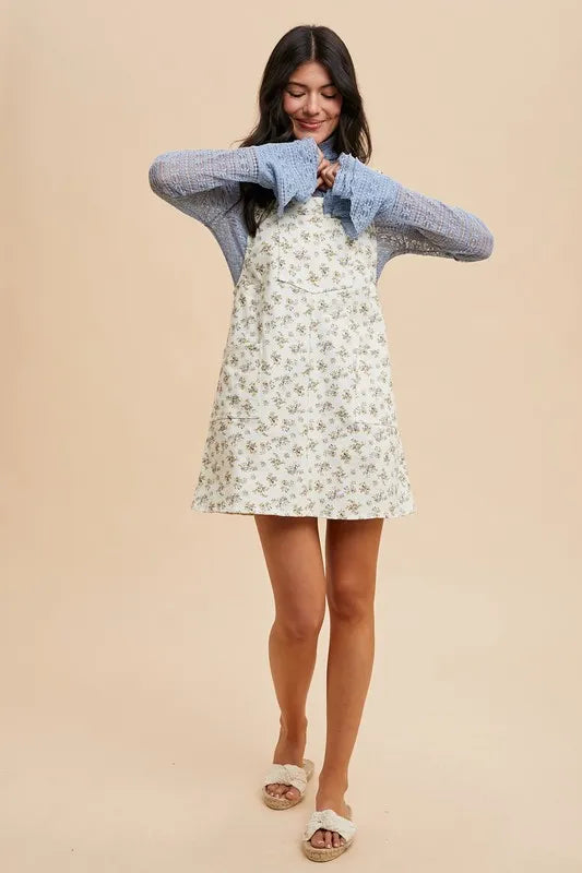 Stretch Ditsy Print Denim Overall Mini Dress