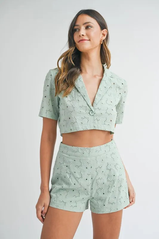 Eyelet Short Sleeve Crop Top and Shorts Set